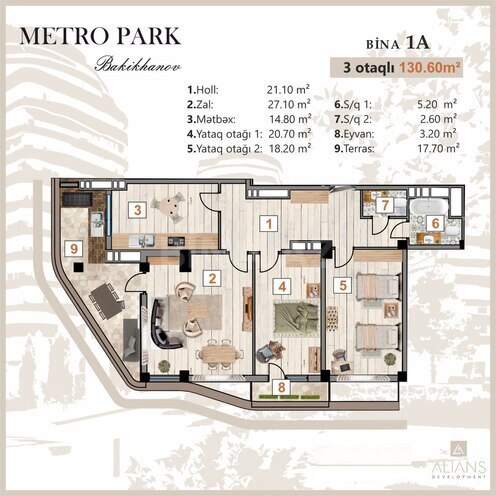 Жилой комплекс Metro Park Bakikhanov by Alians Development, планировка - 3-комн., 130.6 м²