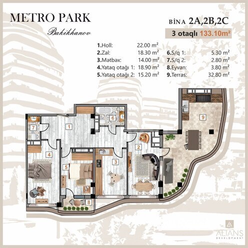 Жилой комплекс Metro Park Bakikhanov by Alians Development, планировка - 3-комн., 133.1 м²