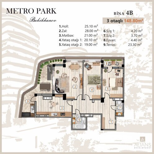 Жилой комплекс Metro Park Bakikhanov by Alians Development, планировка - 3-комн., 148.8 м²