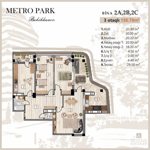 Жилой комплекс Metro Park Bakikhanov by Alians Development, планировка - 3-комн., 150.7 м²