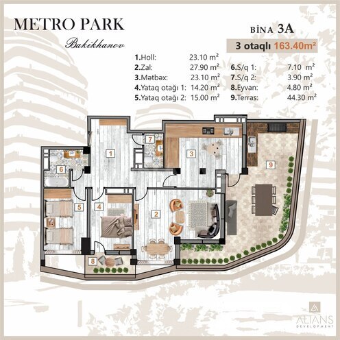 Жилой комплекс Metro Park Bakikhanov by Alians Development, планировка - 3-комн., 163.4 м²