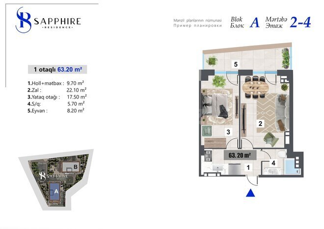 Жилой комплекс Sapphire Residence by Alians Development, планировка - 1-комн., 63.2 м²