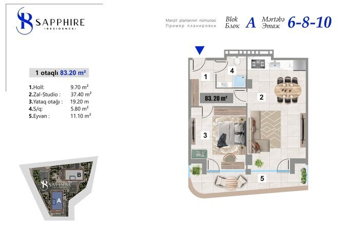 Жилой комплекс Sapphire Residence by Alians Development, планировка - 1-комн., 83.2 м²