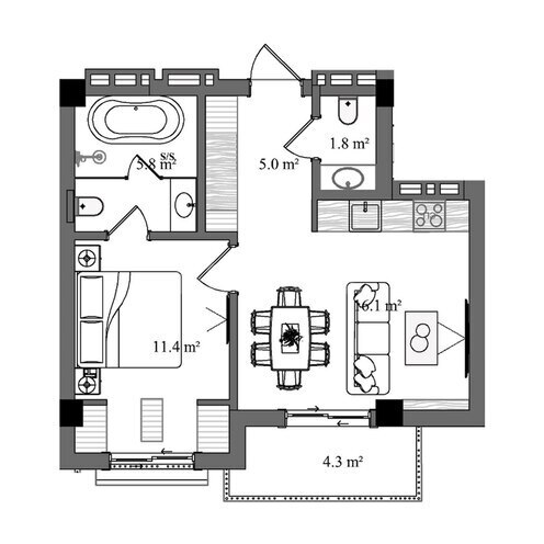 Sky Breeze Shahdag yaşayış kompleksi, mənzilin planı - 2-otaqlı, 53.9 m²
