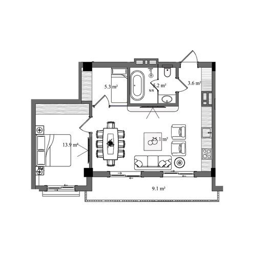 Sky Breeze Shahdag yaşayış kompleksi, mənzilin planı - 3-otaqlı, 73.9 m²