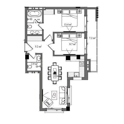 Sky Breeze Shahdag yaşayış kompleksi, mənzilin planı - 3-otaqlı, 78.9 m²