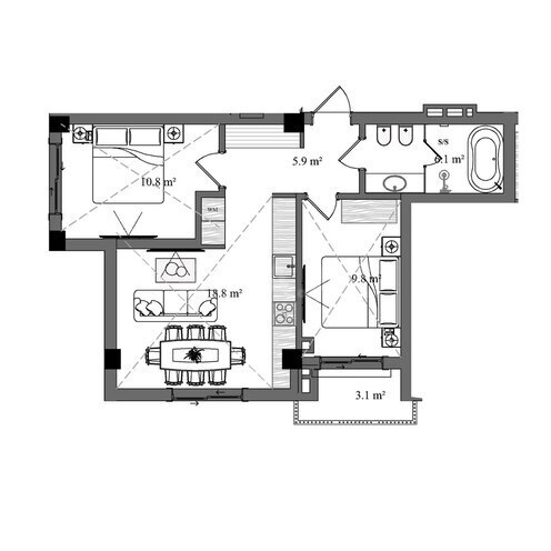 Sky Breeze Shahdag yaşayış kompleksi, mənzilin planı - 3-otaqlı, 67.5 m²