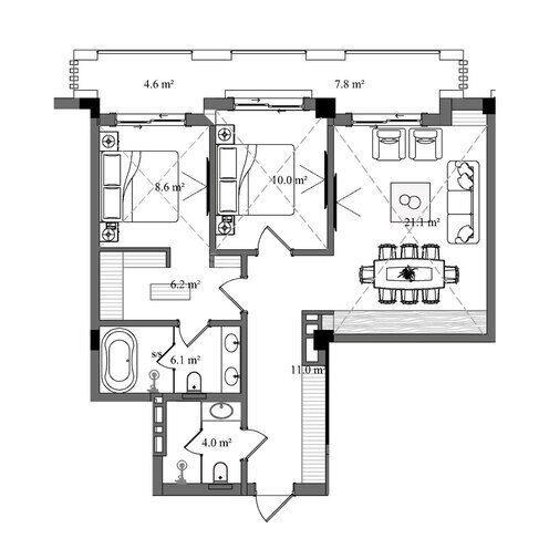 Sky Breeze Shahdag yaşayış kompleksi, mənzilin planı - 3-otaqlı, 95.7 m²