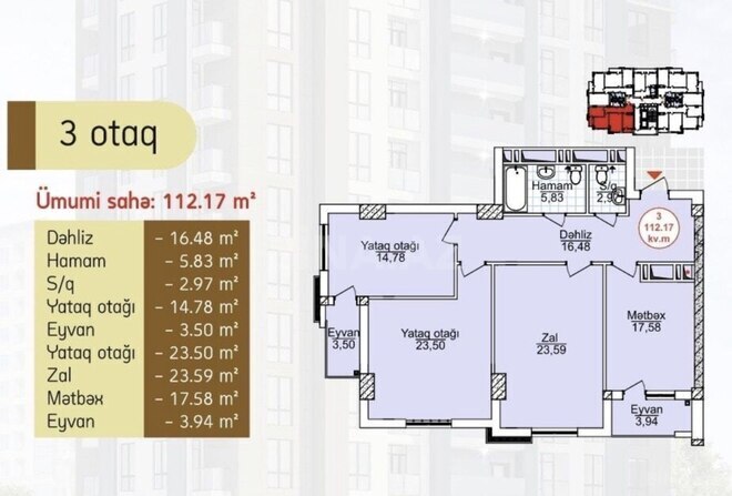 Продаётся 3-комн. новостройка 113 м², м. Азадлыг проспекти, photo 11 from 12