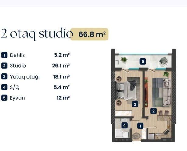 Продаётся 1-комн. новостройка 66.8 м², Бинагадинский р., photo 3 from 6