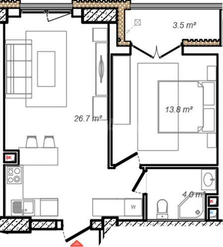 Monaco Residences yaşayış kompleksi, mənzilin planı - 2-otaqlı, 58.1 m²