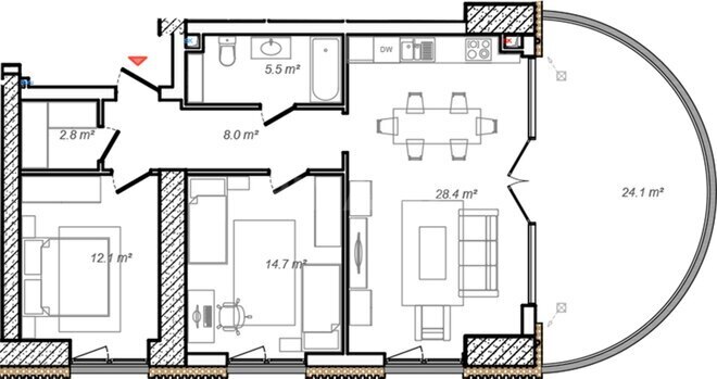 Monaco Residences yaşayış kompleksi, mənzilin planı - 3-otaqlı, 114.3 m²