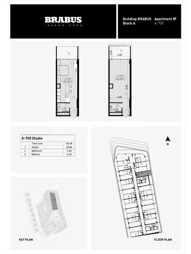 Sea Breeze BRABUS ISLAND Baku yaşayış kompleksi, mənzilin planı - 1-otaqlı, 48.38 m²