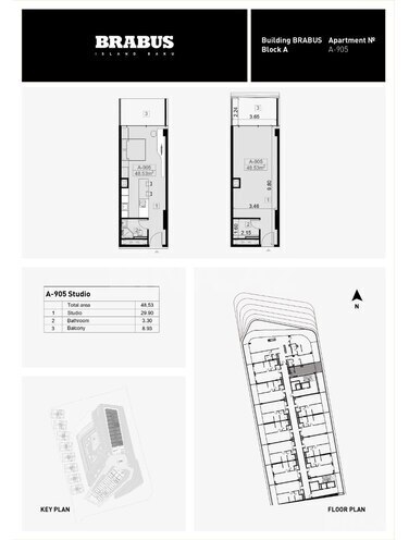 Sea Breeze BRABUS ISLAND Baku yaşayış kompleksi, mənzilin planı - 1-otaqlı, 48.53 m²