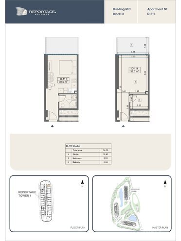Sea Breeze Reportage Heights yaşayış kompleksi, mənzilin planı - 1-otaqlı, 36 m²