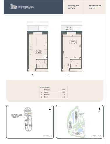 Sea Breeze Reportage Heights yaşayış kompleksi, mənzilin planı - 1-otaqlı, 31.1 m²
