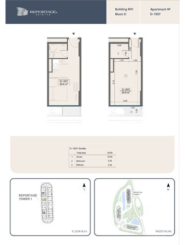 Sea Breeze Reportage Heights yaşayış kompleksi, mənzilin planı - 1-otaqlı, 29.6 m²