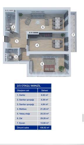 Satılır 2 otaqlı yeni tikili 107 m², Qara Qarayev m., photo 10 from 11