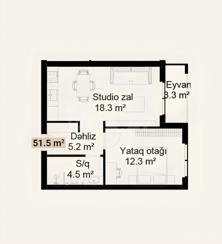 Rifah Residence yaşayış kompleksi, mənzilin planı - 1-otaqlı, 51.5 m²