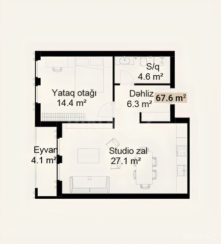 Rifah Residence yaşayış kompleksi, mənzilin planı - 1-otaqlı, 67.6 m²