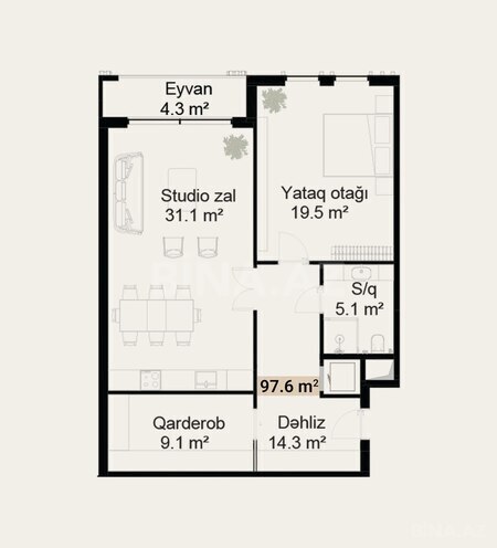 Rifah Residence yaşayış kompleksi, mənzilin planı - 1-otaqlı, 97.6 m²