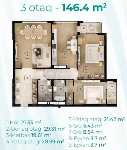 Продаётся 3-комн. новостройка 146.4 м², м. Кероглу, photo 6 from 10
