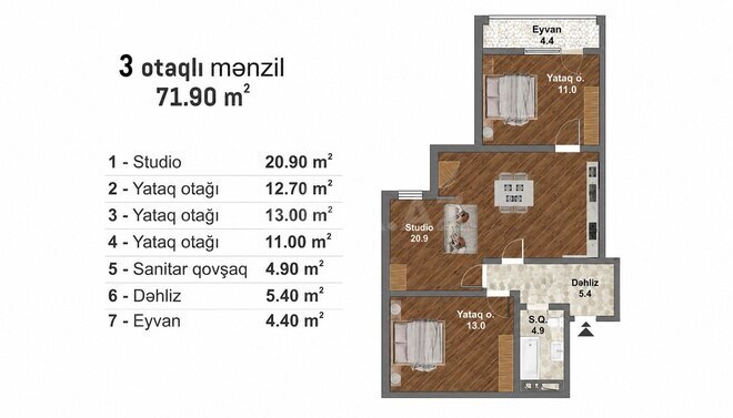Продаётся 3-комн. новостройка 70 м², Абшеронcкий  р., photo 6 from 9