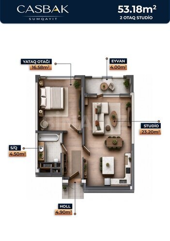 Жилой комплекс Casbak Sumqayıt, планировка - 1-комн., 53.18 м²