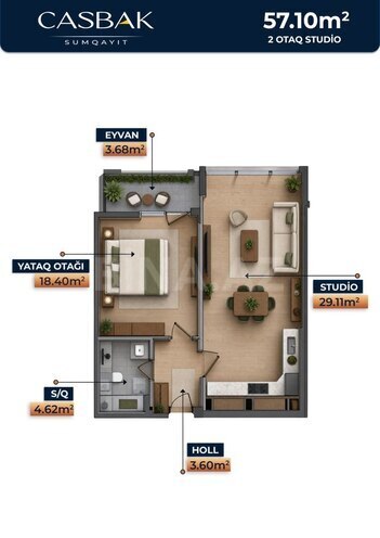 Жилой комплекс Casbak Sumqayıt, планировка - 1-комн., 57.1 м²