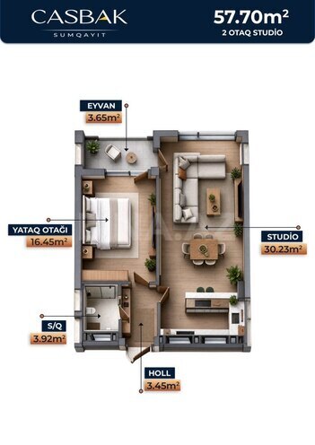 Жилой комплекс Casbak Sumqayıt, планировка - 1-комн., 57.7 м²