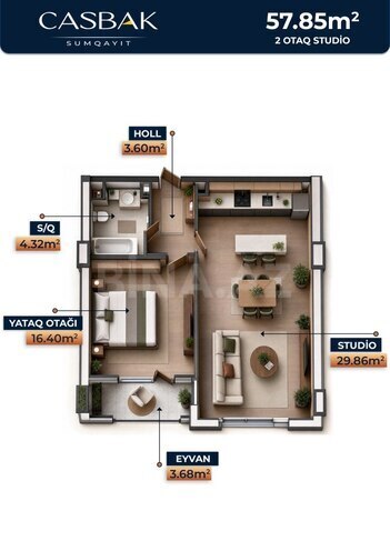 Жилой комплекс Casbak Sumqayıt, планировка - 1-комн., 57.85 м²
