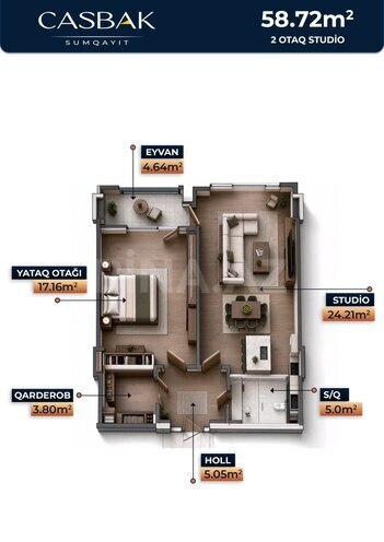 Жилой комплекс Casbak Sumqayıt, планировка - 1-комн., 58.72 м²