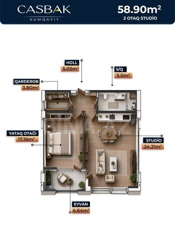 Жилой комплекс Casbak Sumqayıt, планировка - 1-комн., 58.9 м²