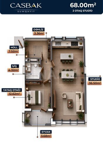 Casbak Sumqayıt yaşayış kompleksi, mənzilin planı - 2-otaqlı, 68 m²