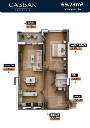 Casbak Sumqayıt yaşayış kompleksi, mənzilin planı - 2-otaqlı, 69.23 m²