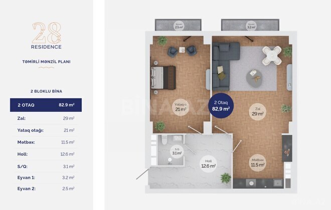 28 Residence yaşayış kompleksi, mənzilin planı - 2-otaqlı, 82.9 m²