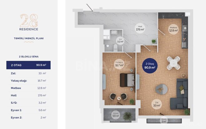 28 Residence yaşayış kompleksi, mənzilin planı - 2-otaqlı, 90.9 m²