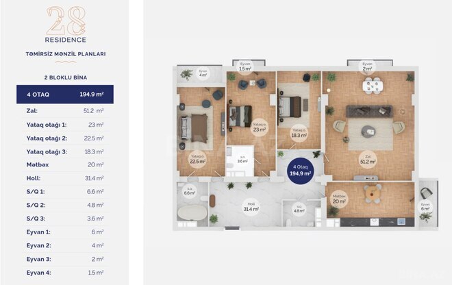 28 Residence yaşayış kompleksi, mənzilin planı - 4-otaqlı, 194.9 m²