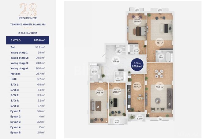 28 Residence yaşayış kompleksi, mənzilin planı - 5-otaqlı, 265.8 m²