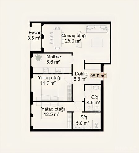 Satılır 3 otaqlı yeni tikili 95 m², photo 6 from 7