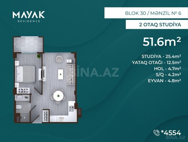Satılır 2 otaqlı yeni tikili 51.6 m², Zığ q., photo 3 from 14