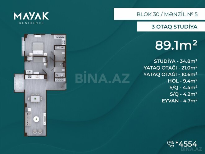 Satılır 3 otaqlı yeni tikili 89.1 m², Zığ q., photo 3 from 15