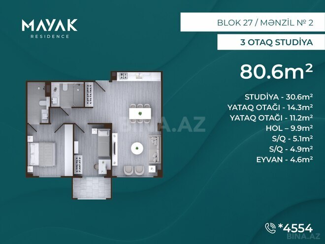 Satılır 3 otaqlı yeni tikili 80.6 m², Zığ q., photo 3 from 15