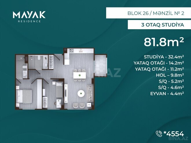 Satılır 3 otaqlı yeni tikili 81.8 m², Zığ q., photo 3 from 15