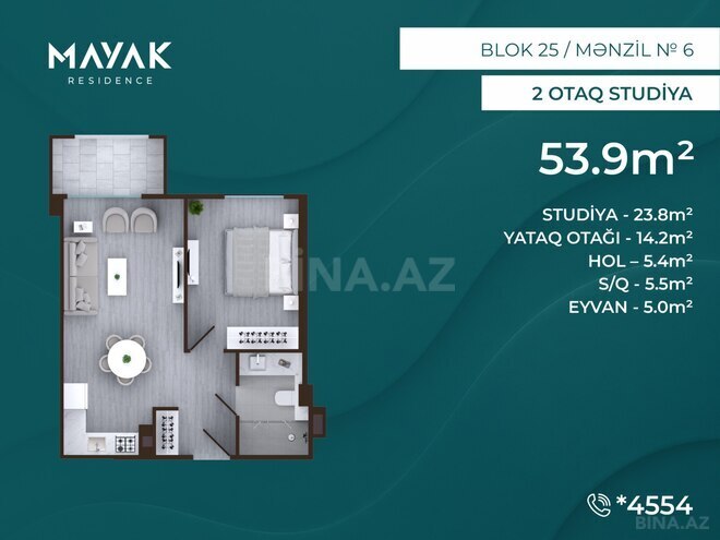 Satılır 2 otaqlı yeni tikili 53.9 m², Zığ q., photo 3 from 15