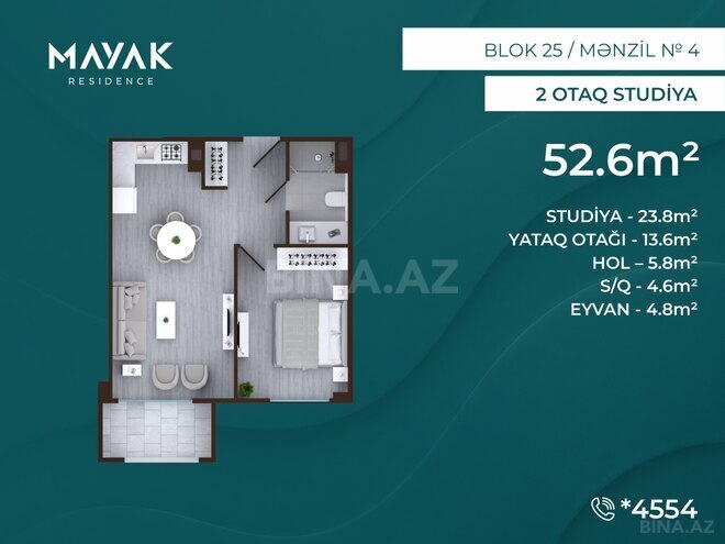 Satılır 2 otaqlı yeni tikili 52.6 m², Zığ q., photo 3 from 16