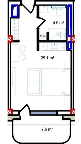 Sea Breeze Marina Bay yaşayış kompleksi, mənzilin planı - 1-otaqlı, 45.2 m²