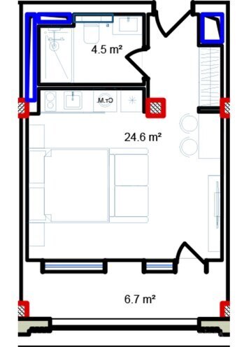 Sea Breeze Marina Bay yaşayış kompleksi, mənzilin planı - 1-otaqlı, 43.8 m²