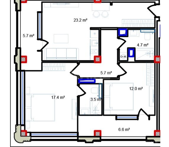 Sea Breeze Marina Bay yaşayış kompleksi, mənzilin planı - 3-otaqlı, 92.8 m²