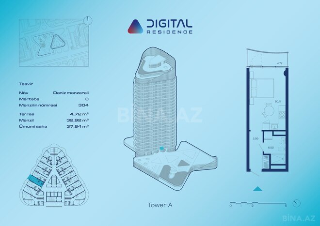 Digital Residence yaşayış kompleksi, mənzilin planı - 1-otaqlı, 37.64 m²